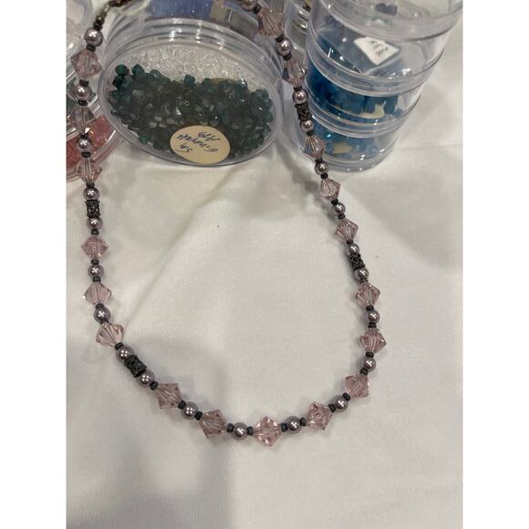 Rose Pink Austrian Crystals & Pearls 16” Necklace Matching Post earrings Set - Picture 11 of 11